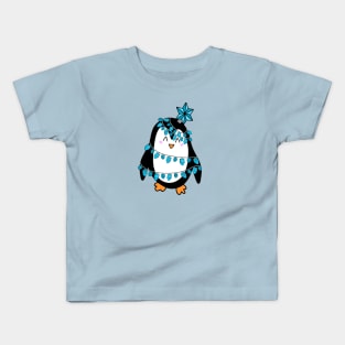 Cute Jewish Hanukkah Chrismukkah Christmas Tree Wrapped Penguin Cartoon, made by EndlessEmporium Kids T-Shirt